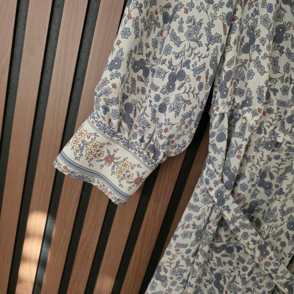 Cece Long Sleeve Maxi Dress Womens Small Blue Floral Ruffle Collar Smocked Waist - Picture 6 of 12